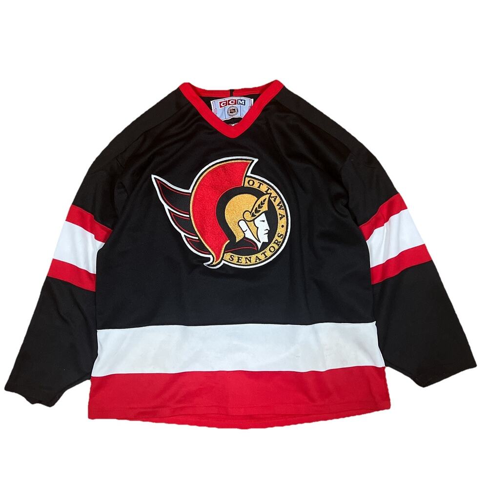 Ottawa Senators Hockey Jersey Black Red Vintage Stitched Canada Made Sz XL Flaws